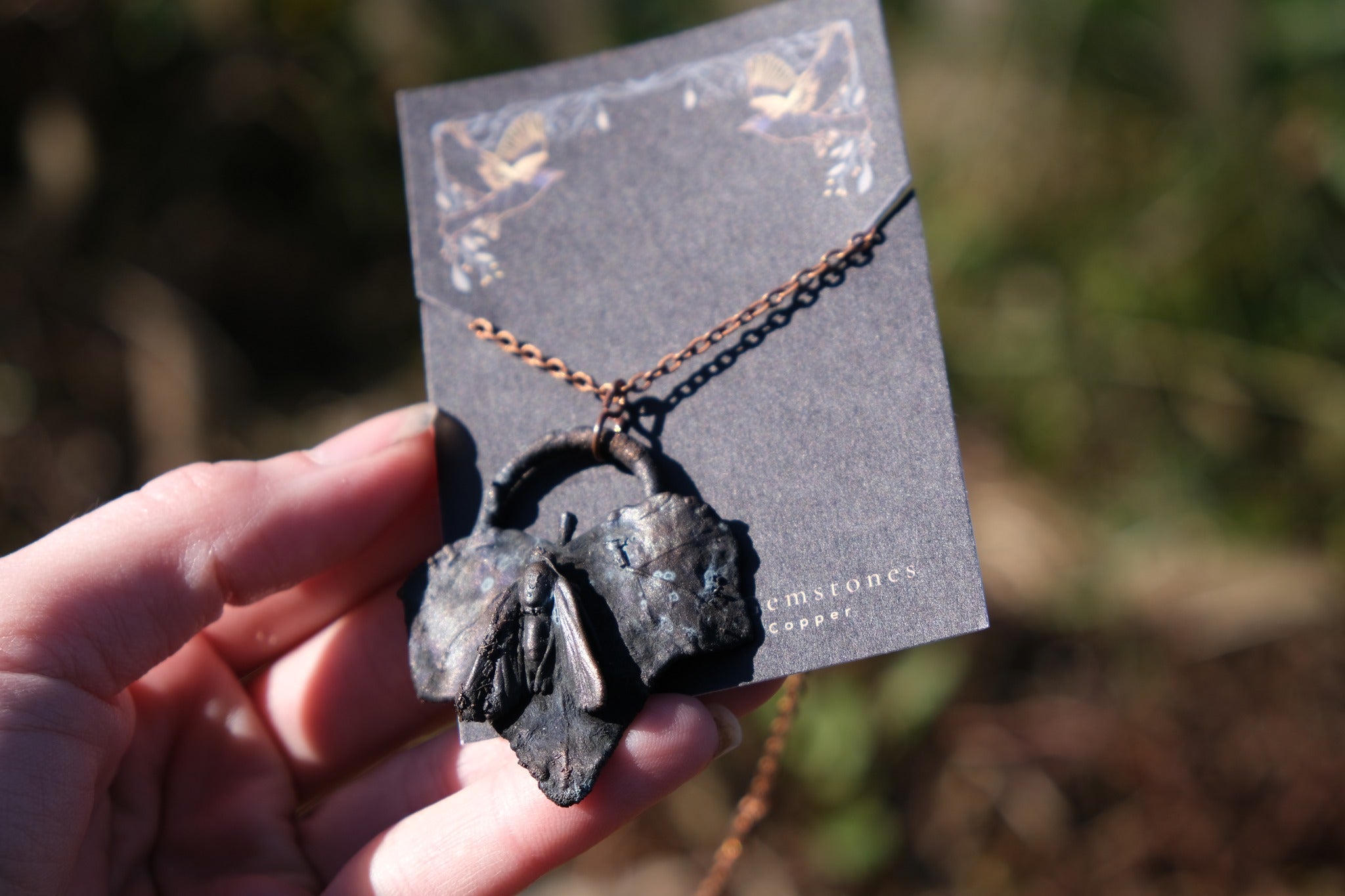 Electroplated English Ivy with a Moth Necklace