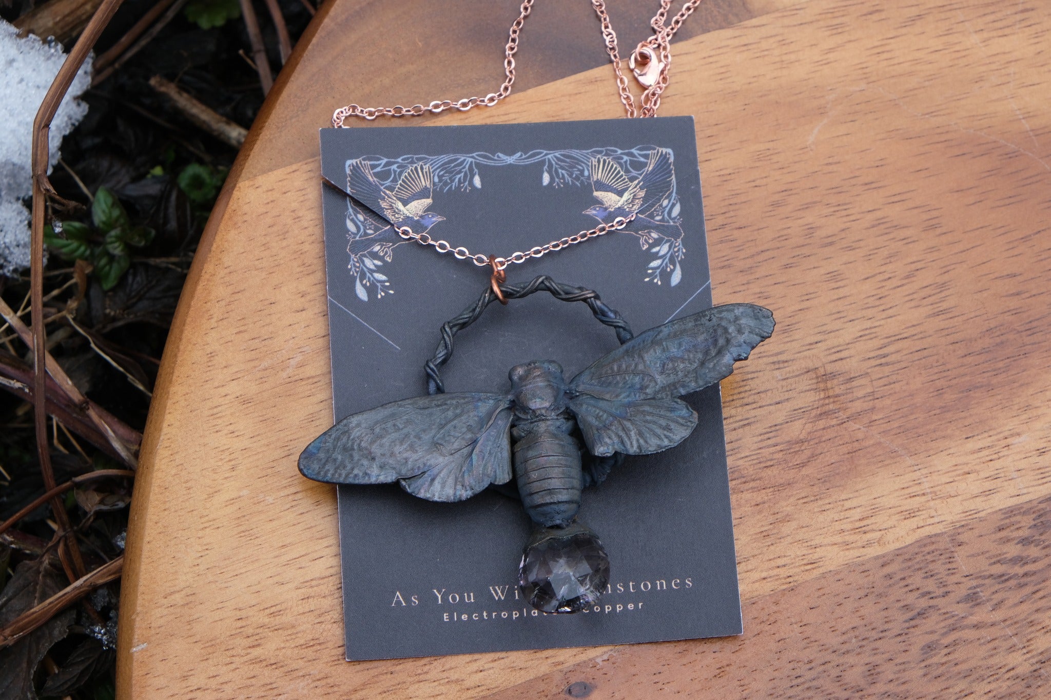 Electroplated 17 year Kentucky Cicada with a Amethyst Gemstone Necklace