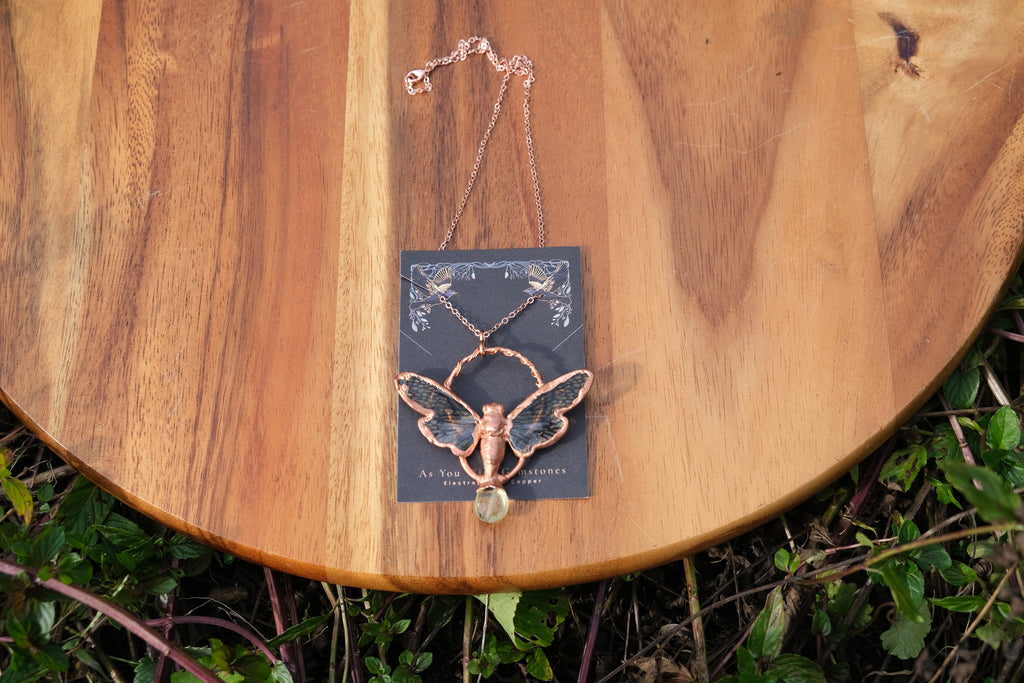 Electroplated Cicada with a Lemon Smoky Quartz Pendent