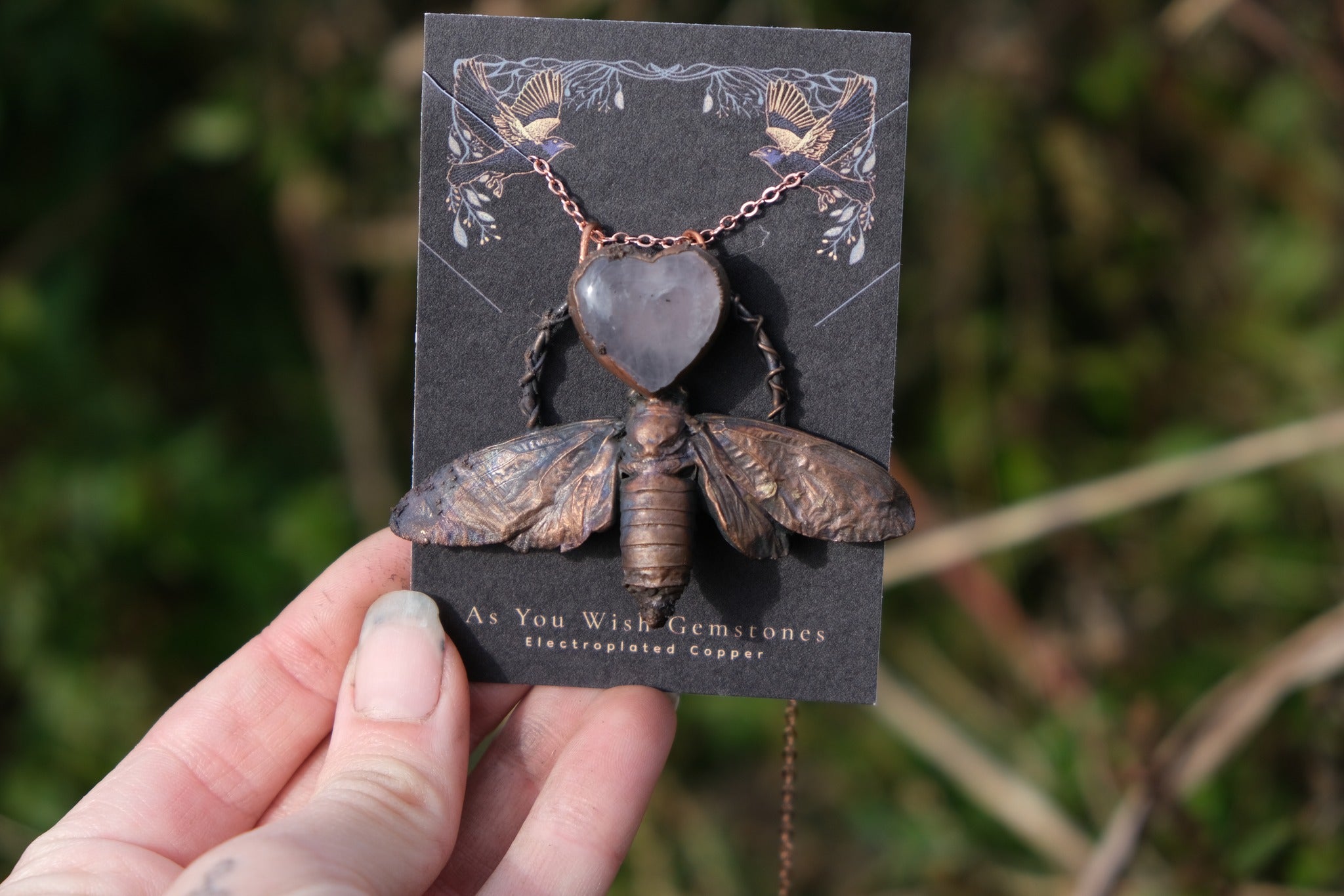 Electroplated Cicada with Rose Quartz Necklace