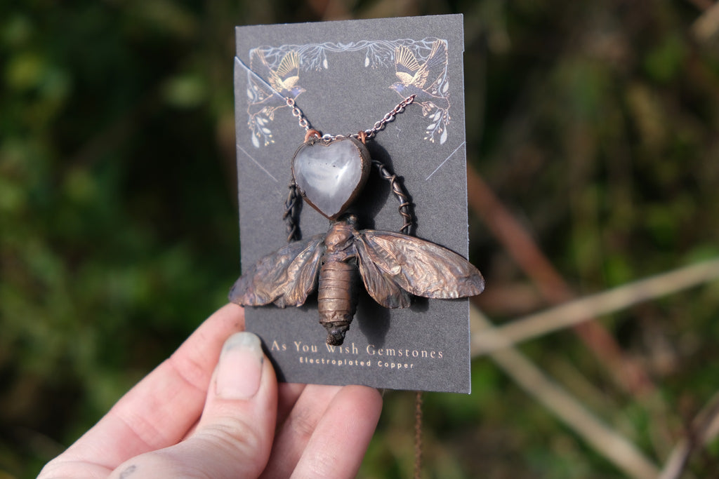 Electroplated Cicada with Rose Quartz Necklace