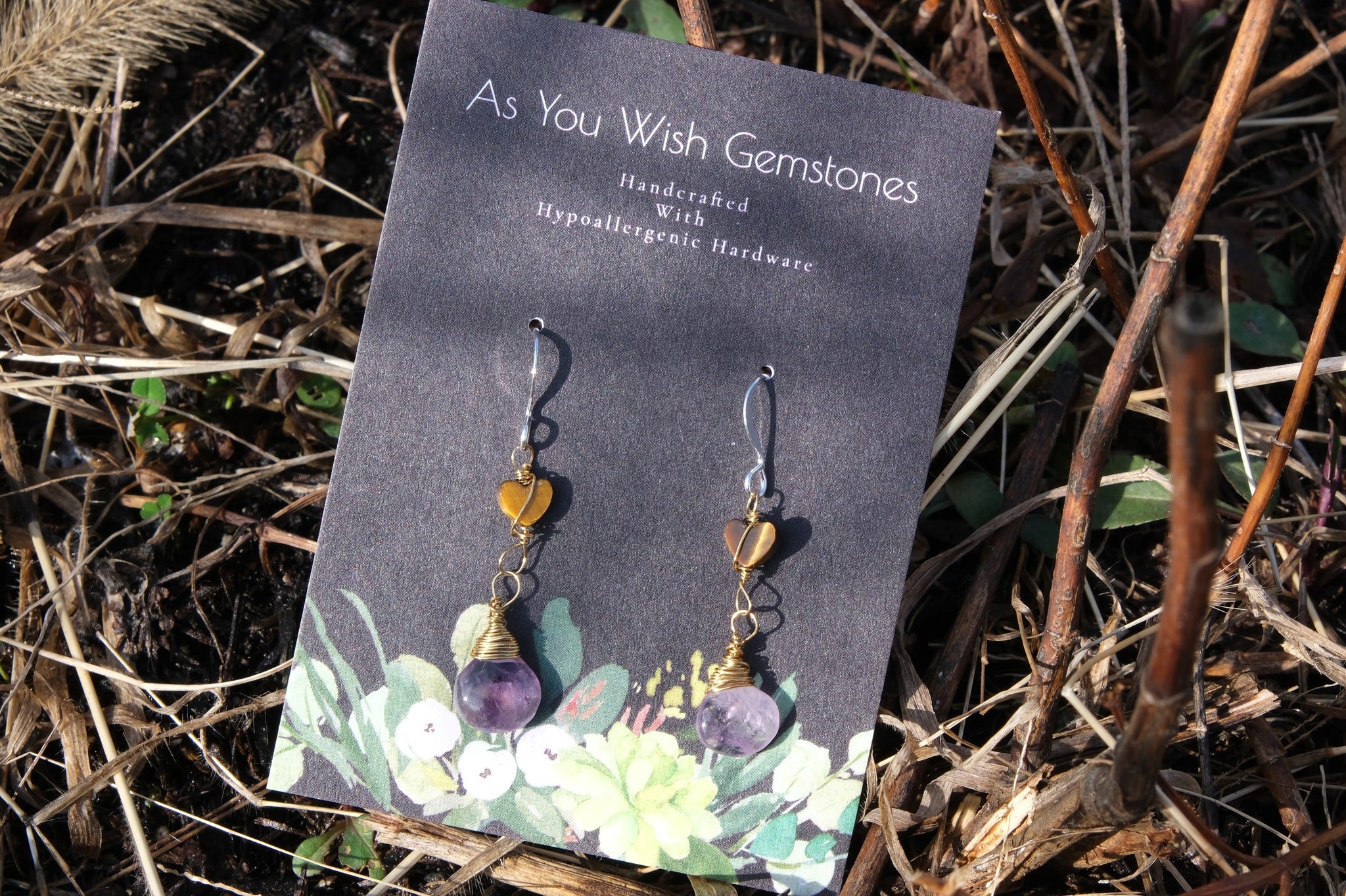 14k Tigers Eye and Amethyst Earrings