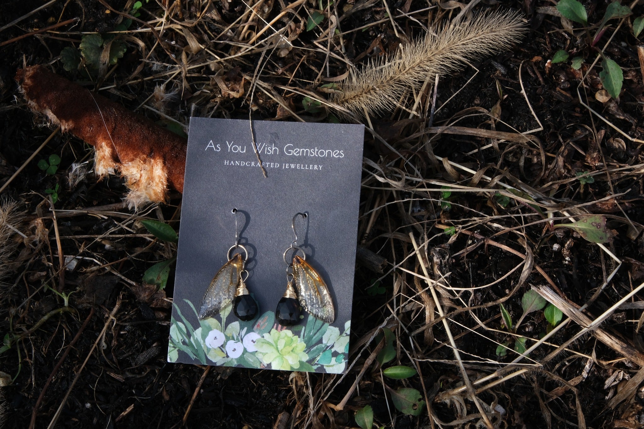 Cicada Wing Earrings with Smokey Quartz