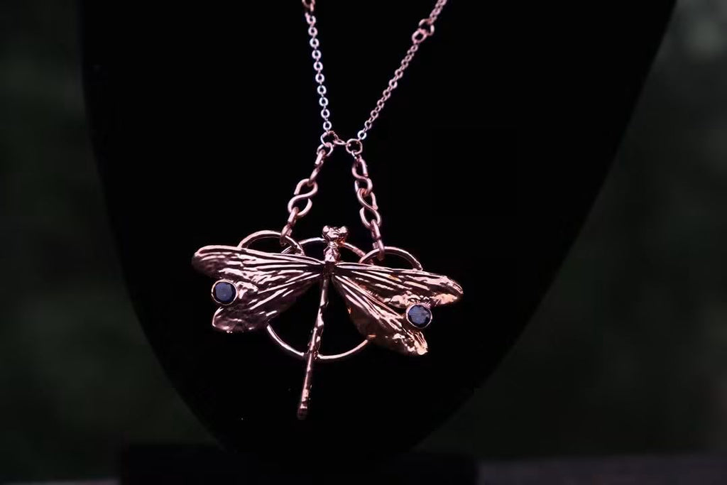 Electroplated Kentucky Dragonfly with Blue Moissanite necklace