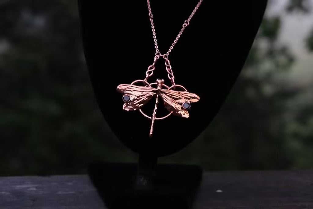 Electroplated Kentucky Dragonfly with Blue Moissanite necklace
