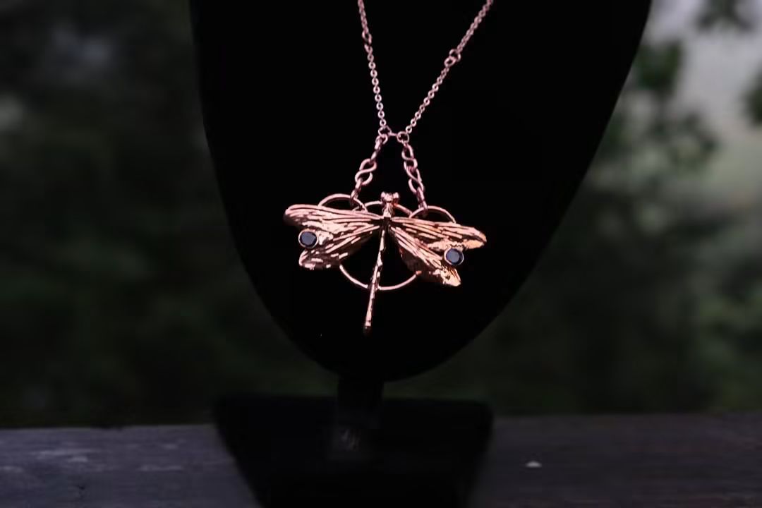 Electroplated Kentucky Dragonfly with Blue Moissanite necklace