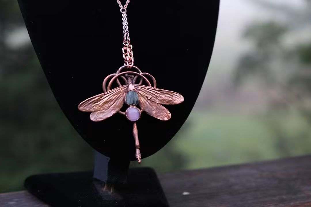 Electroplated Kentucky Dragonfly with Amethyst and Pink Cats Eye Necklace