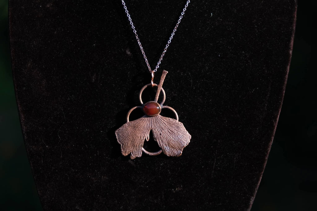 Ginkgo Leaf with Orange Kyanite Electroplated Necklace