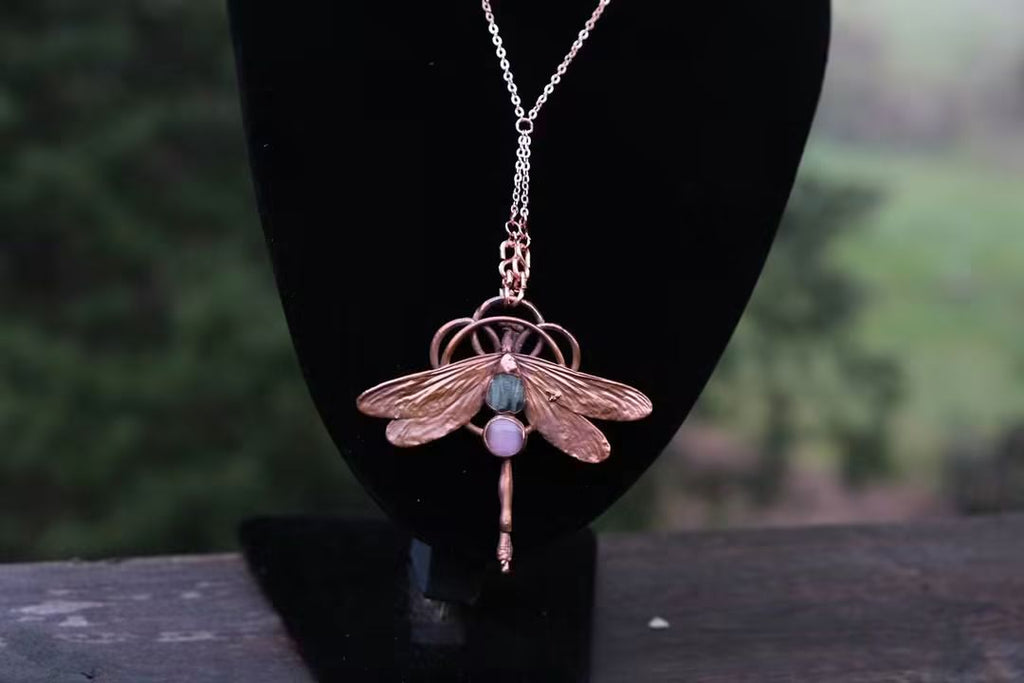 Electroplated Kentucky Dragonfly with Amethyst and Pink Cats Eye Necklace