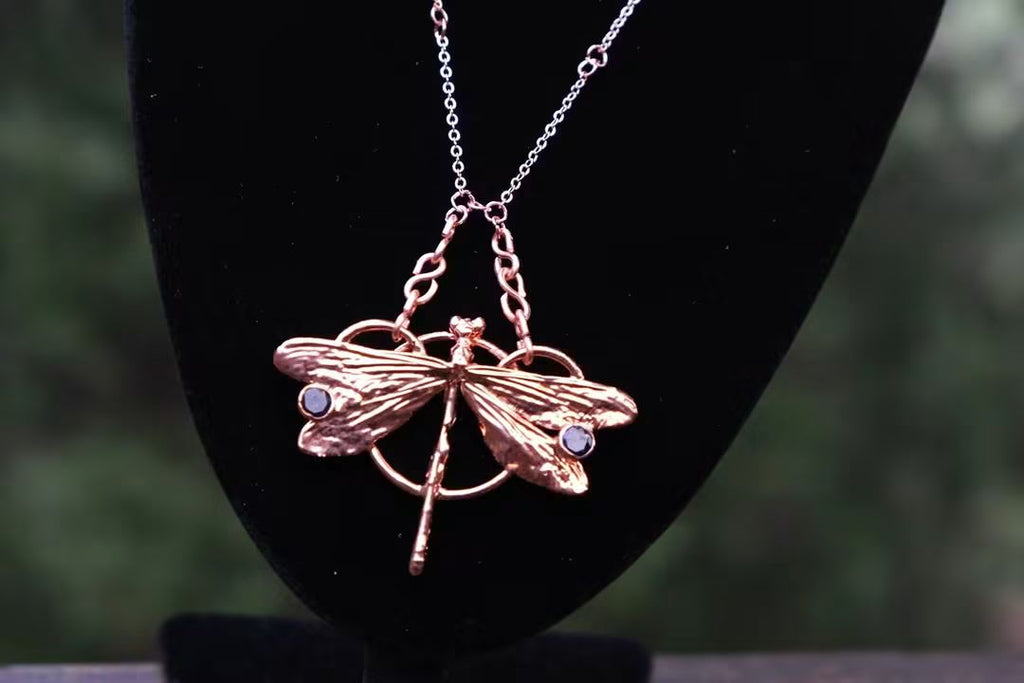 Electroplated Kentucky Dragonfly with Blue Moissanite necklace