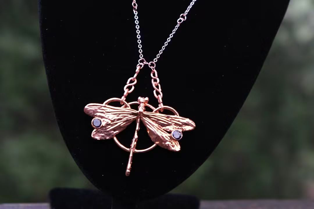Electroplated Kentucky Dragonfly with Blue Moissanite necklace