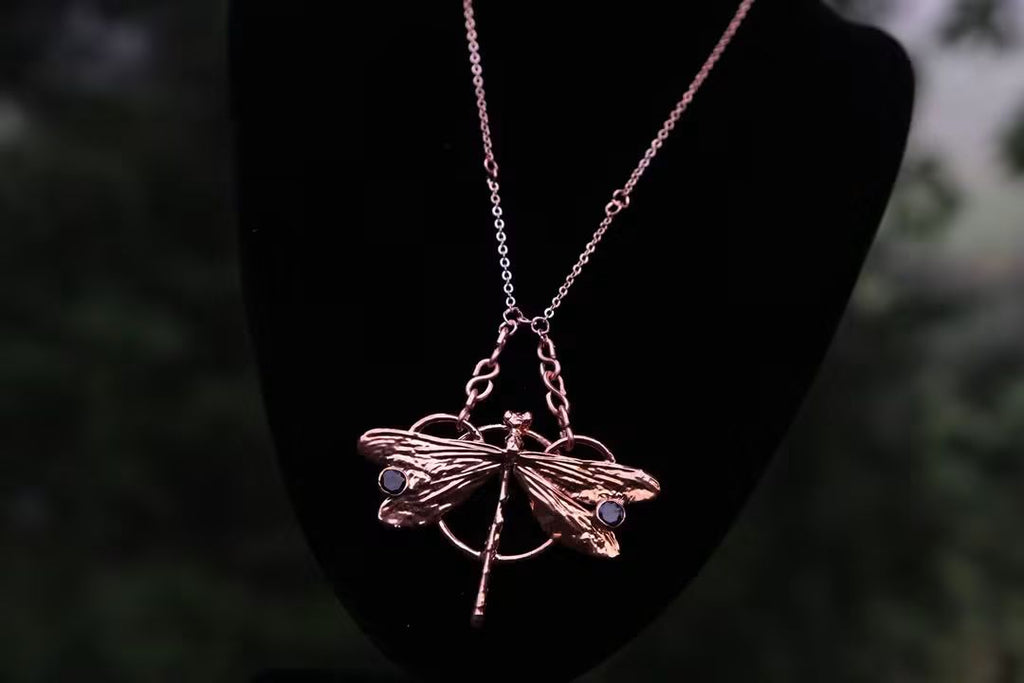 Electroplated Kentucky Dragonfly with Blue Moissanite necklace