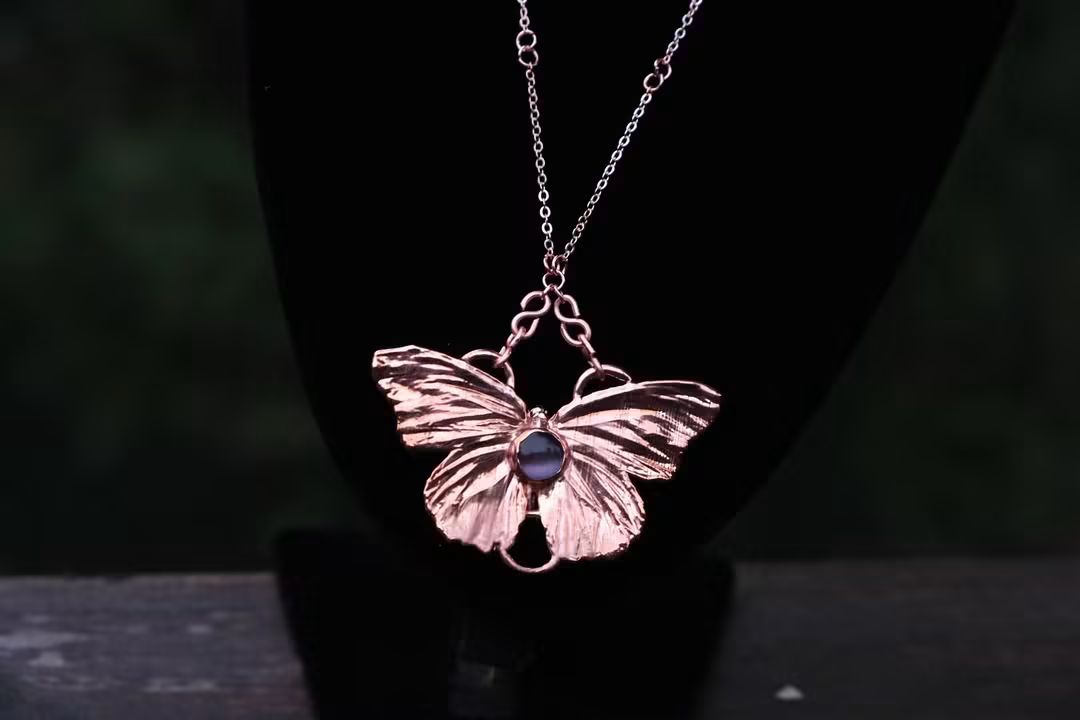 Electroplated Butterfly with Pink Cats Eyes Necklace