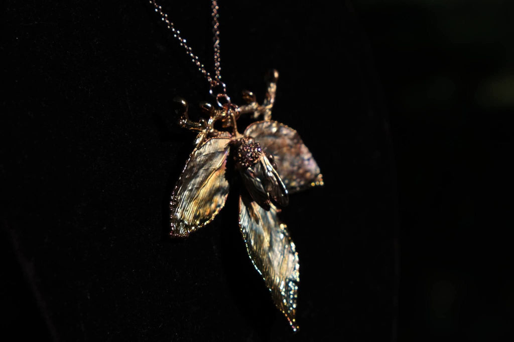 Electroplated Bumblebee & Rose Leaves Necklace