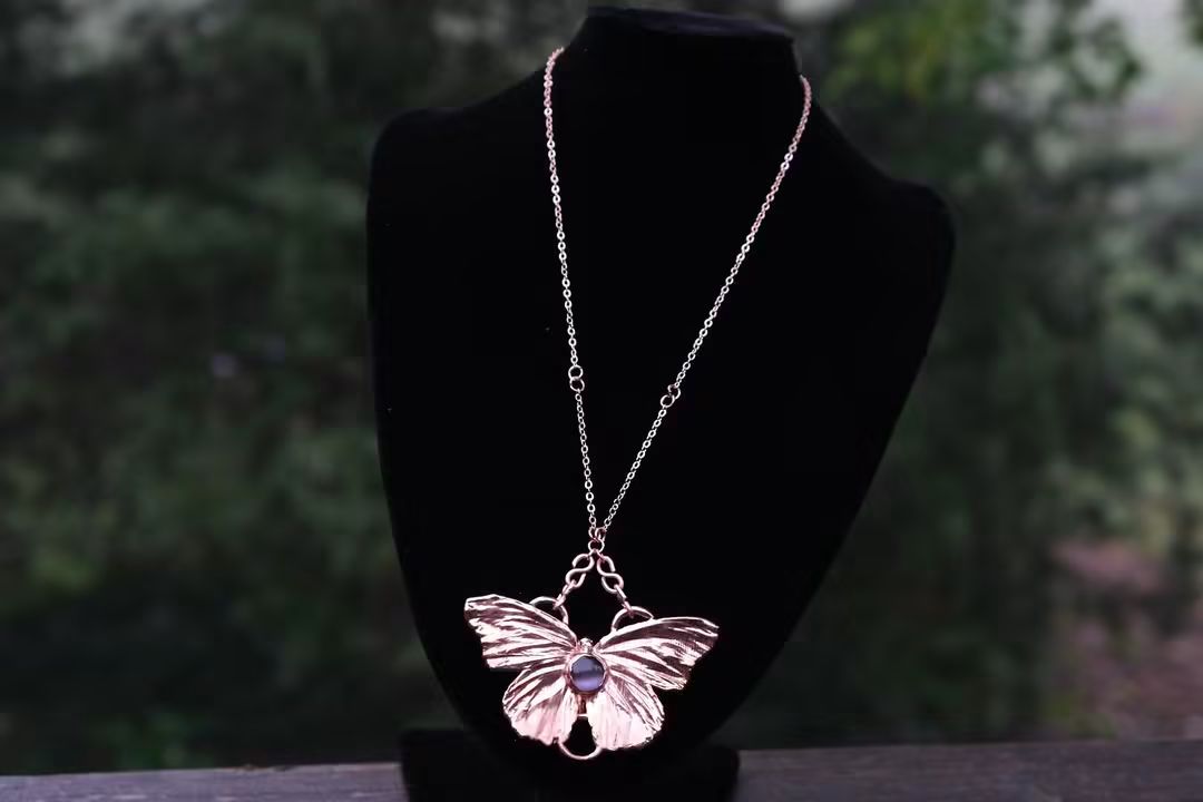 Electroplated Butterfly with Pink Cats Eyes Necklace