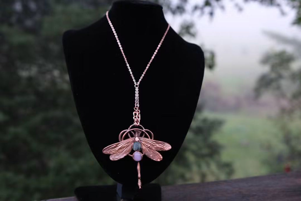 Electroplated Kentucky Dragonfly with Amethyst and Pink Cats Eye Necklace