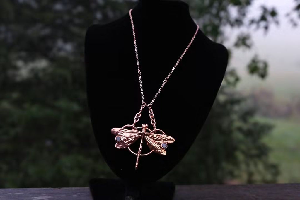 Electroplated Kentucky Dragonfly with Blue Moissanite necklace