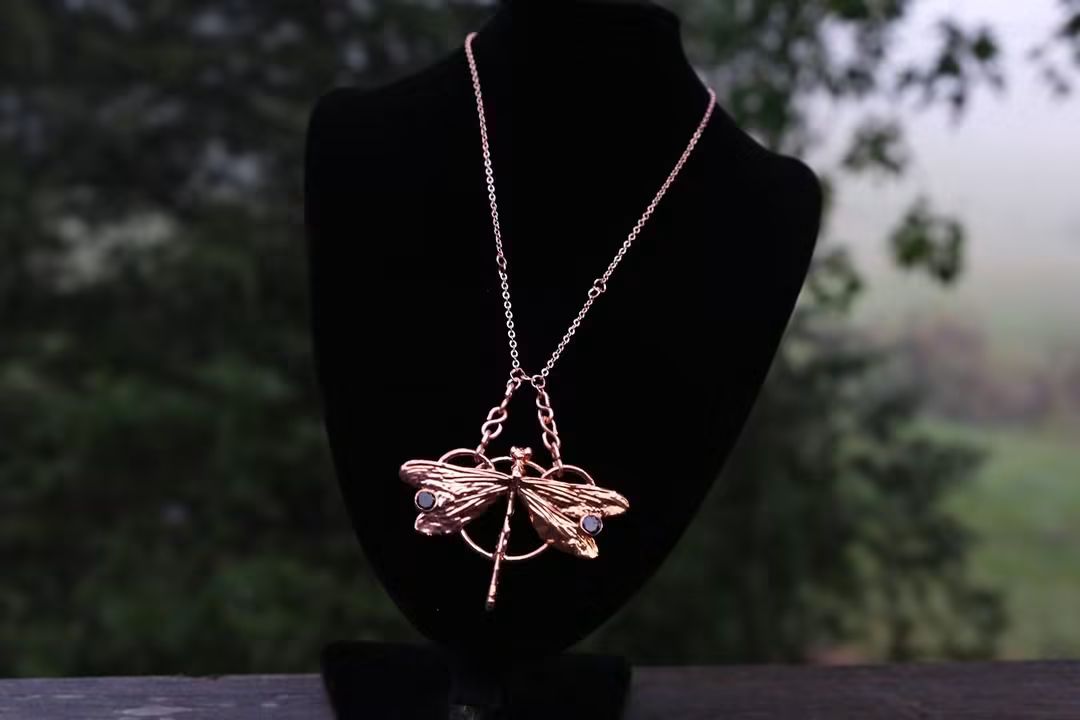 Electroplated Kentucky Dragonfly with Blue Moissanite necklace