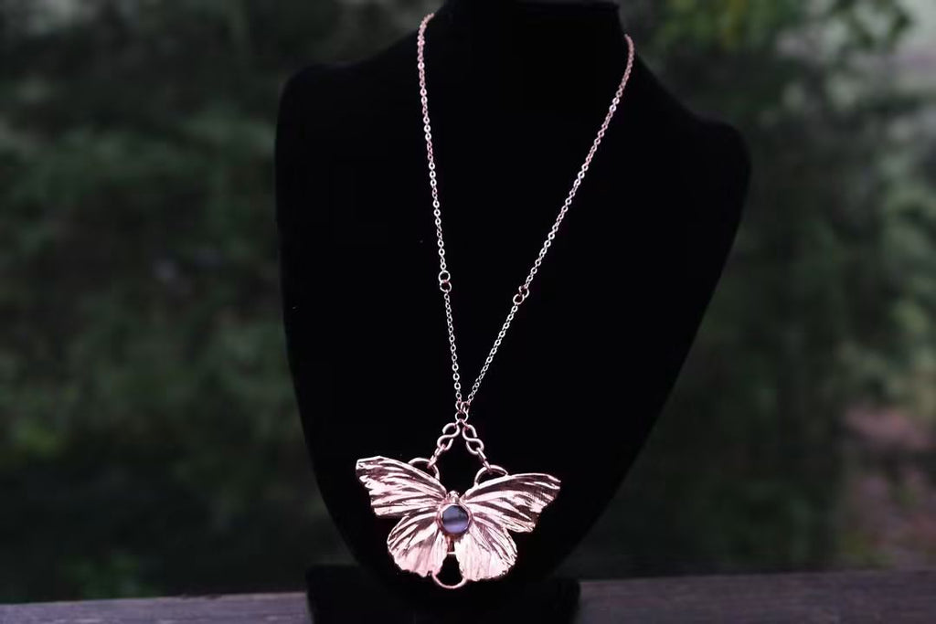 Electroplated Butterfly with Pink Cats Eyes Necklace