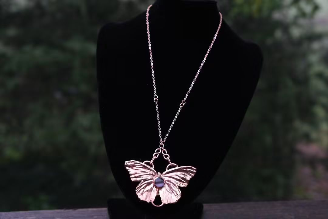 Electroplated Butterfly with Pink Cats Eyes Necklace