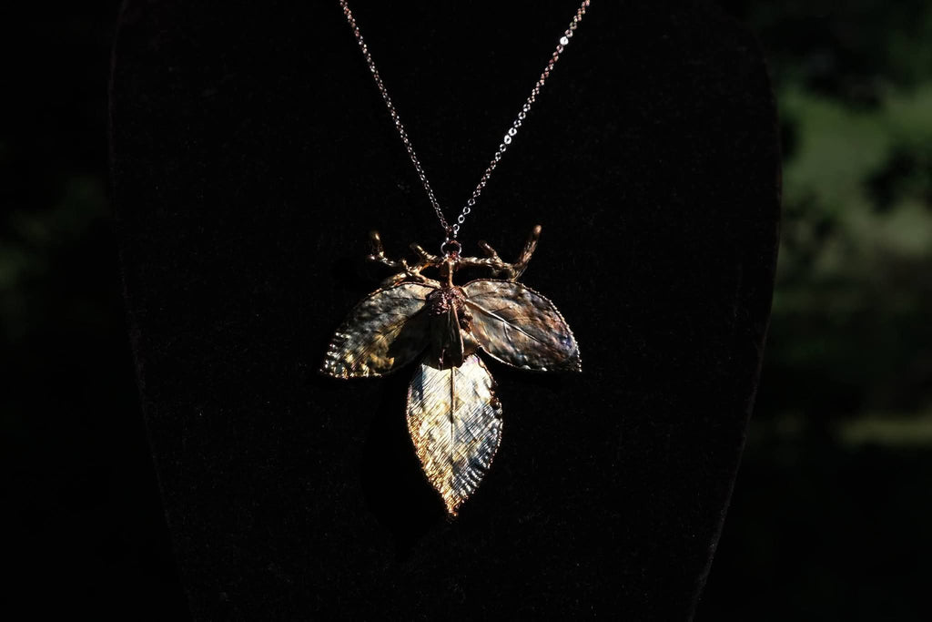 Electroplated Bumblebee & Rose Leaves Necklace