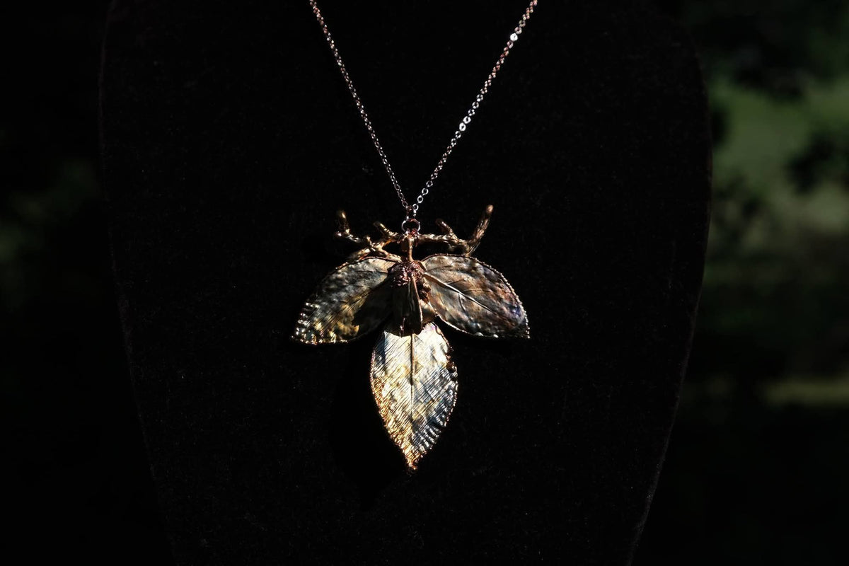 Electroplated Bumblebee & Rose Leaves Necklace